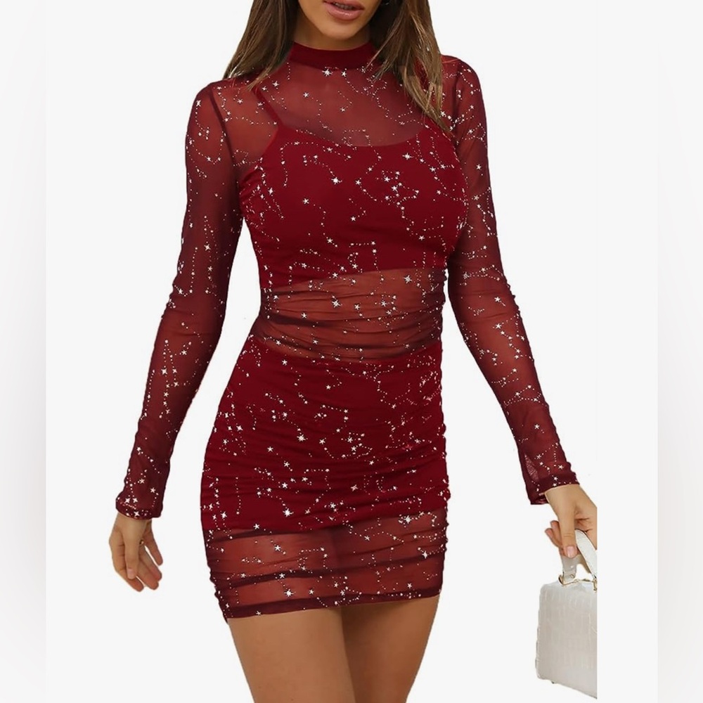*Outer dress only* Women's Mesh Dress Long Sleeve Bodycon OS